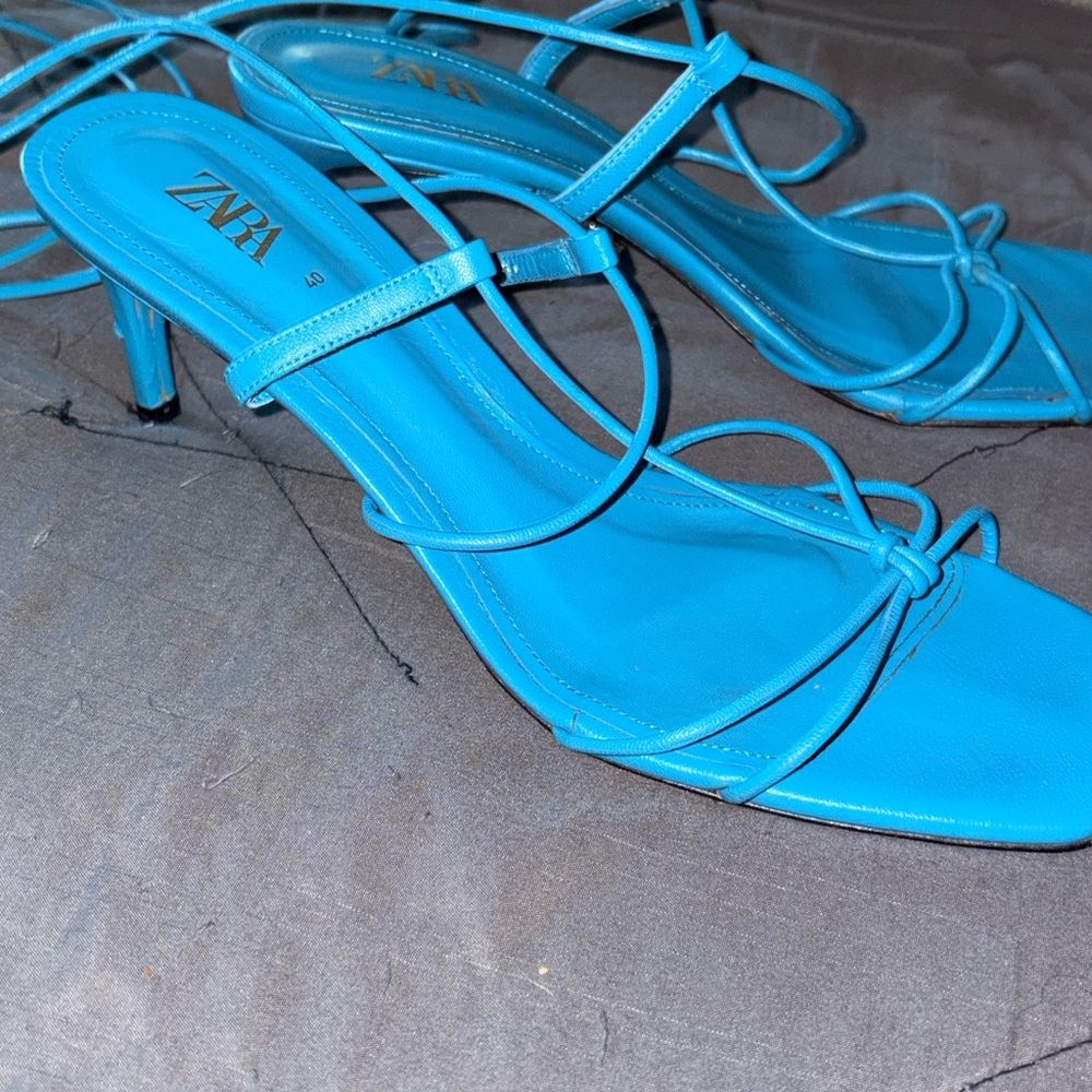 Zara Blue Strappy Heeled Sandals Gold Details